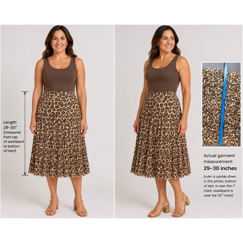 Allison Taylor Leopard Print Pleated Midi Skirt Brown Tan Tiered Elastic Waist L